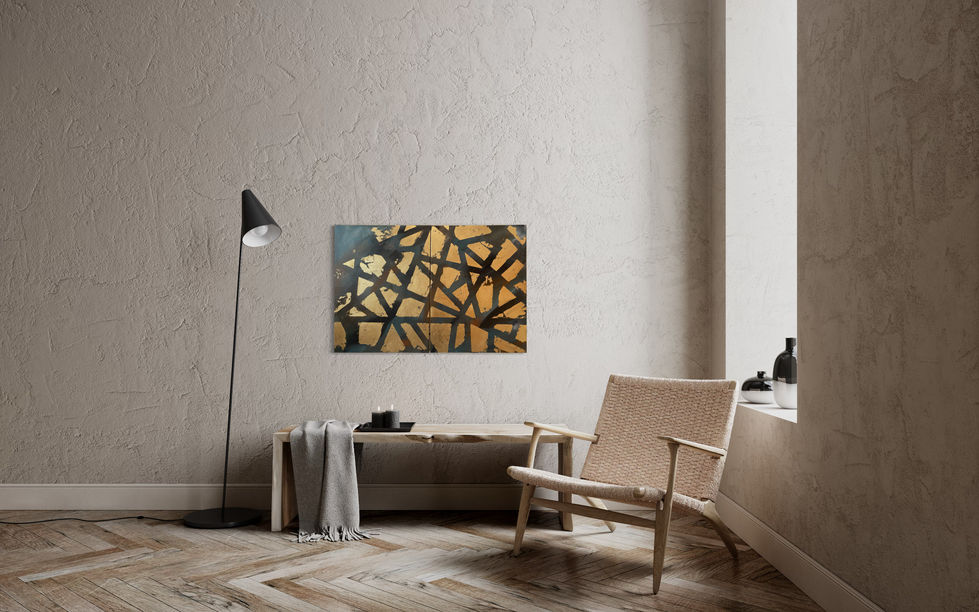 Abstract painting portraying an underground existential journey, traversing the desert crust of existence, enveloped in the ethereal mist of buried memories