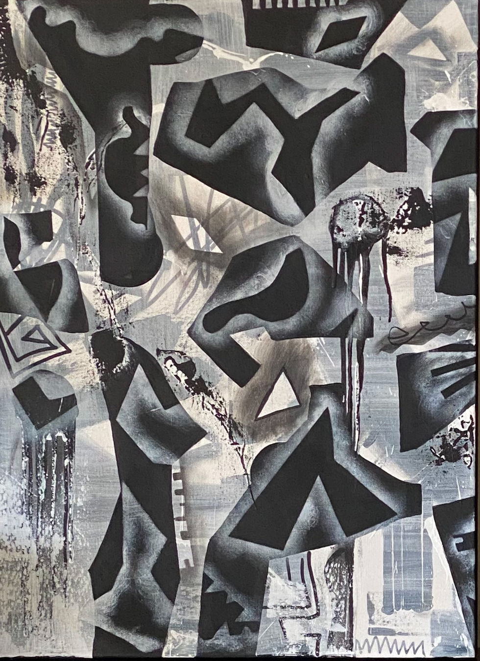 Abstract painting depicting a labyrinth of shapes in constant flux, urging the viewer to alter perspectives by flipping the canvas. Each reconstruction unveils new clues, prompting fresh observations.