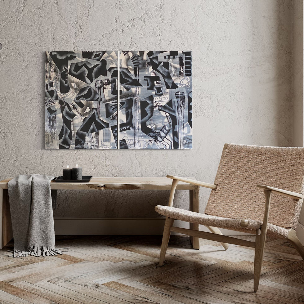 Abstract painting depicting a labyrinth of shapes in constant flux, urging the viewer to alter perspectives by flipping the canvas. Each reconstruction unveils new clues, prompting fresh observations.