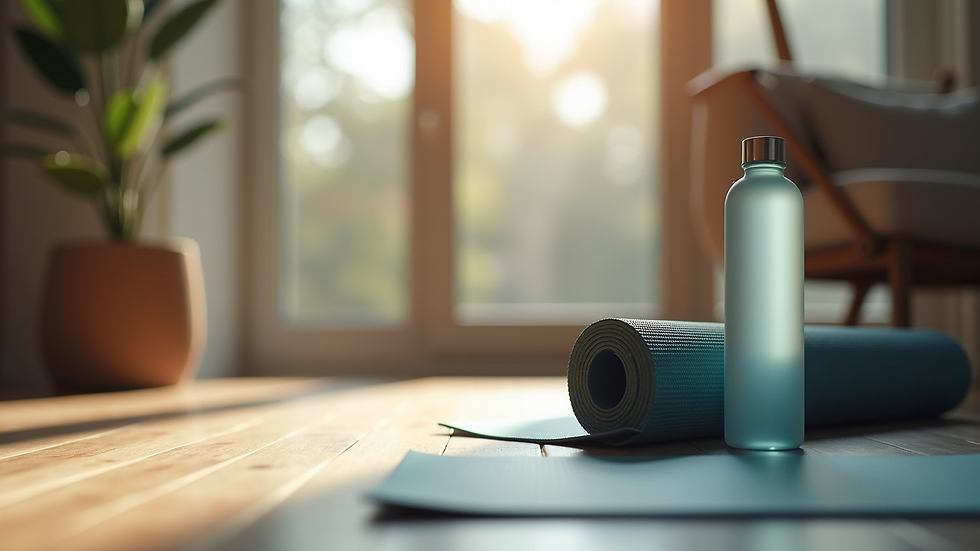 Close-up view of a yoga mat and water bottle on wooden floor