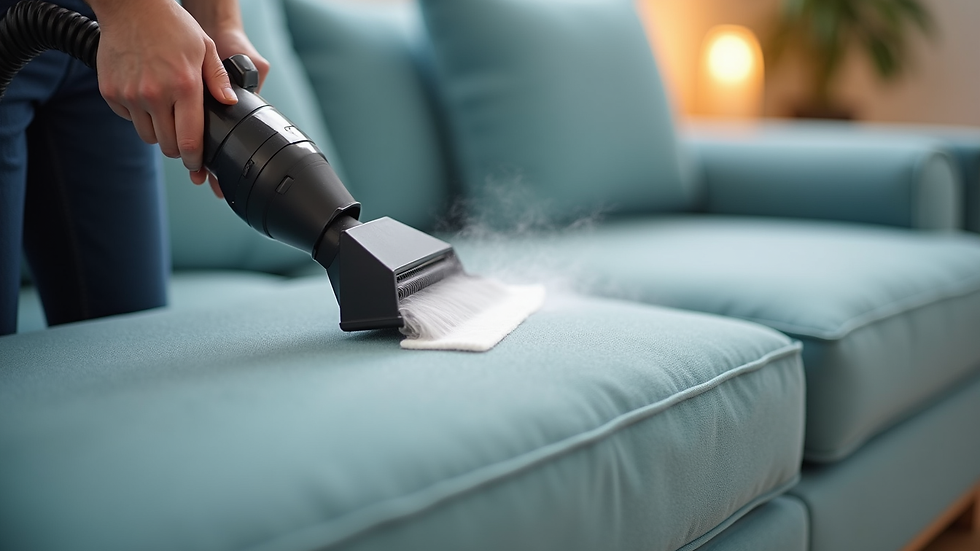 Close-up view of a steam cleaner nozzle cleaning a fabric sofa