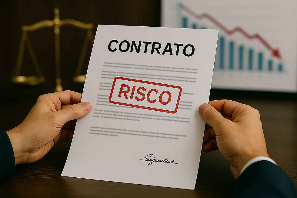 Duas mãos seguram um contrato com a palavra “RISCO” carimbada em vermelho; ao fundo, uma balança da justiça e um gráfico de desempenho com queda acentuada.