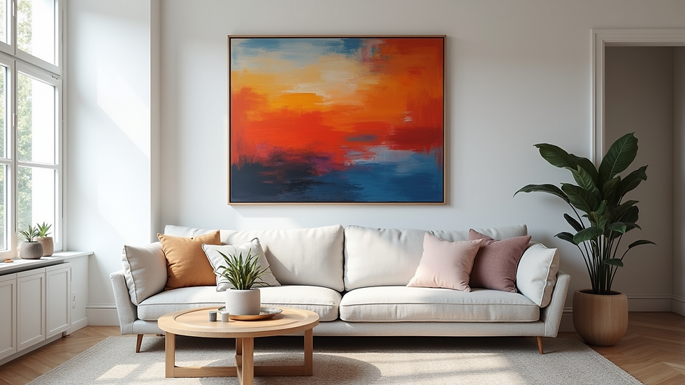Eye-level view of a living room with a large colorful abstract painting above the sofa
