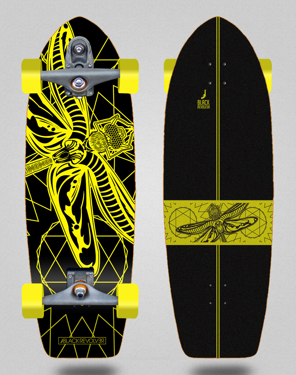 Black Revolver surfskate T12 trucks Libélula black yellow 30 fat tail
