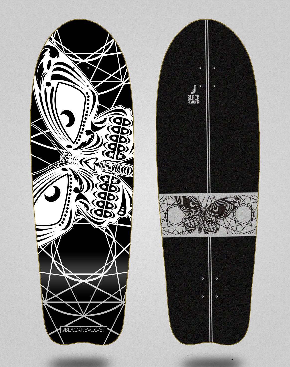 Black Revolver surfskate deck Mariposa black white 31 fish