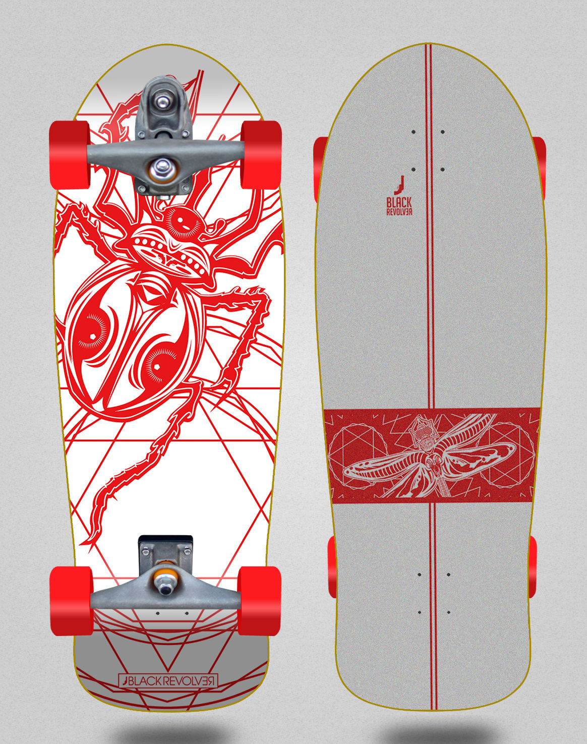 Black Revolver surfskate T12 trucks Escarabajo white red 10x30 Natas