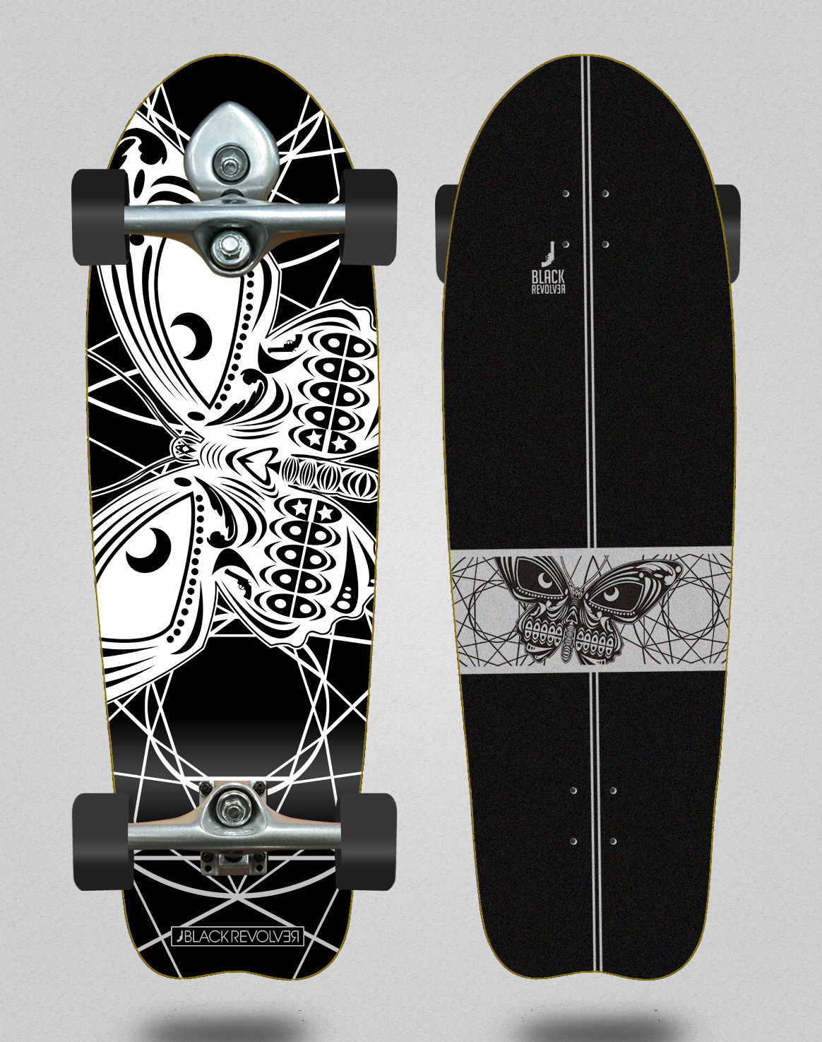 Black Revolver surfskate BURI trucks Mariposa black white 31 fish