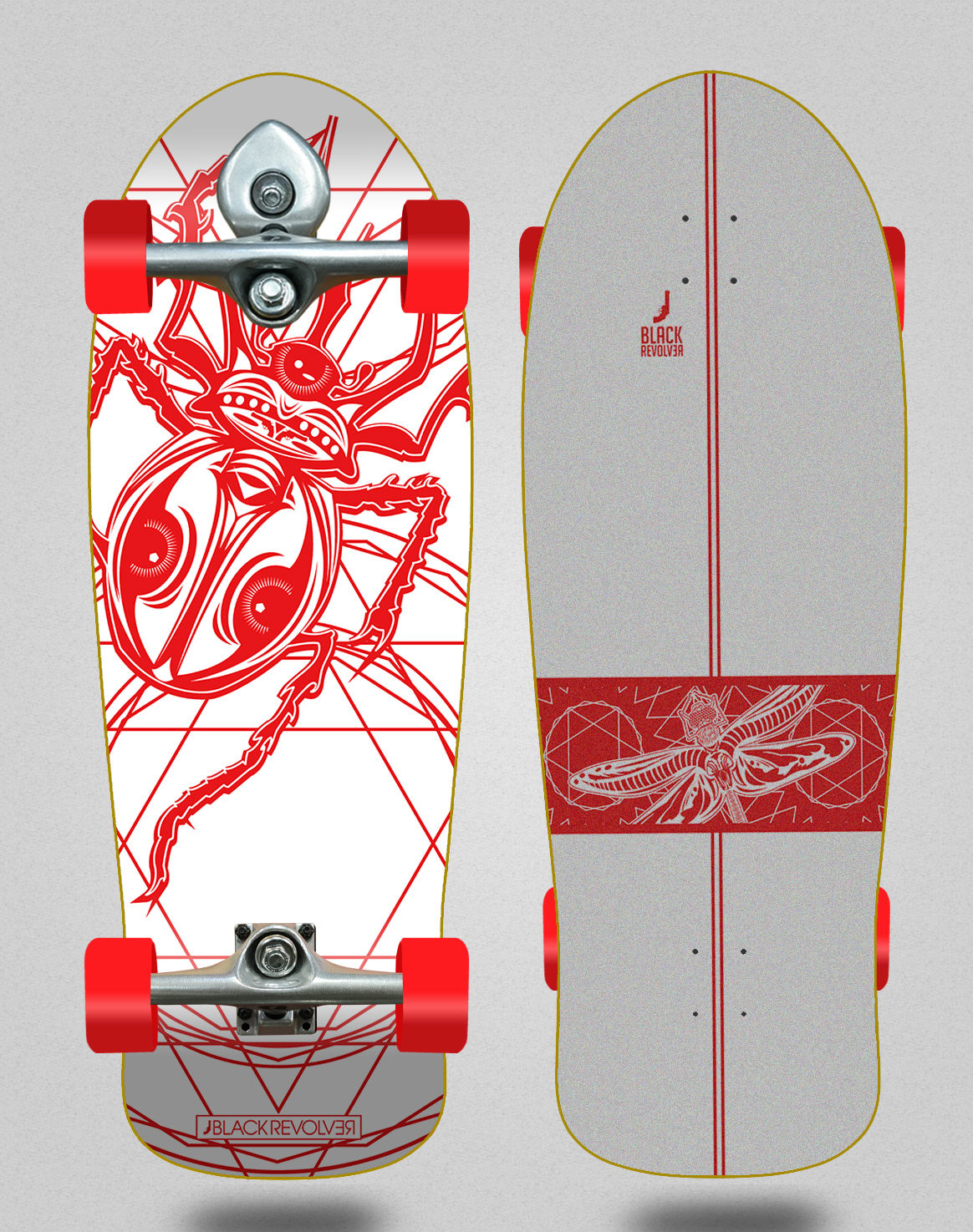 Black Revolver surfskate BURI trucks Escarabajo white red 10x30 Natas