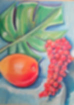 cavas art painting of fruit and monstera leaf on display at the prairie arts center in north platte nebraska