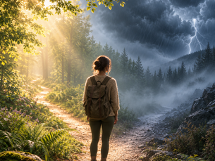 Person standing between light and darkness in a forest, symbolizing the nervous system evaluating safety, threat, and survival responses in trauma therapy.
