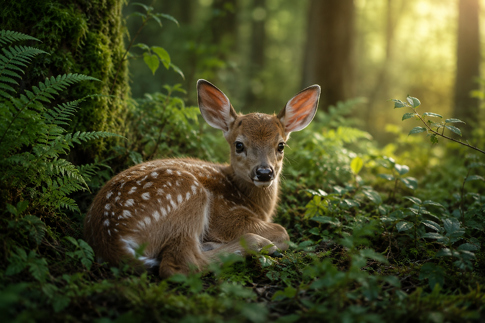 Young fawn resting among ferns in a forest, representing appeasement, attachment, and the nervous system seeking safety through connection.