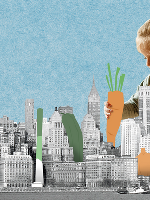 A child holding a carrot over a grey city