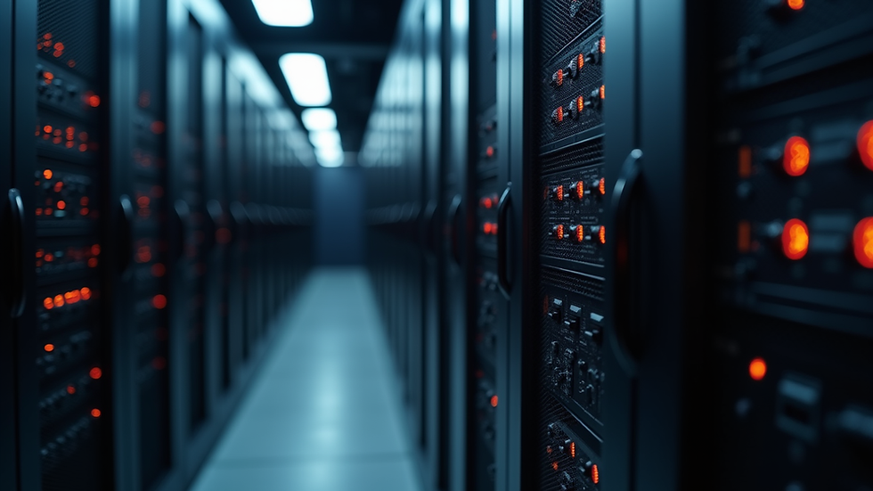 Eye-level view of a server rack with blinking network equipment lights