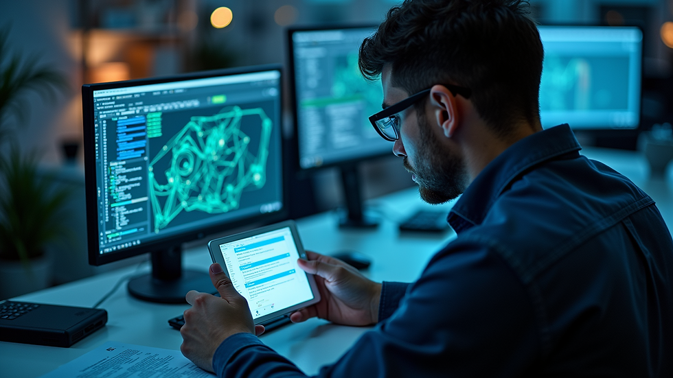 High angle view of a technician performing IoT device security testing