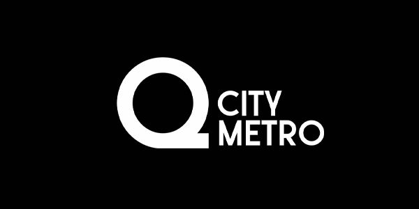 White "Q" logo with text "CITY METRO" on a black background.