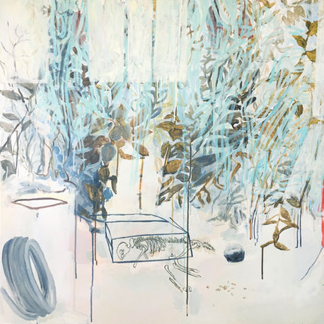 Contemporary painting of a greenhouse with leafy plants and a box of squirrel bones by artist Julia Paul.