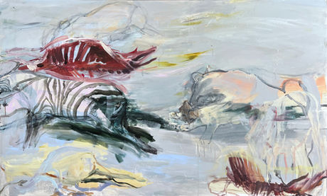 Zebra with lion and cub painting