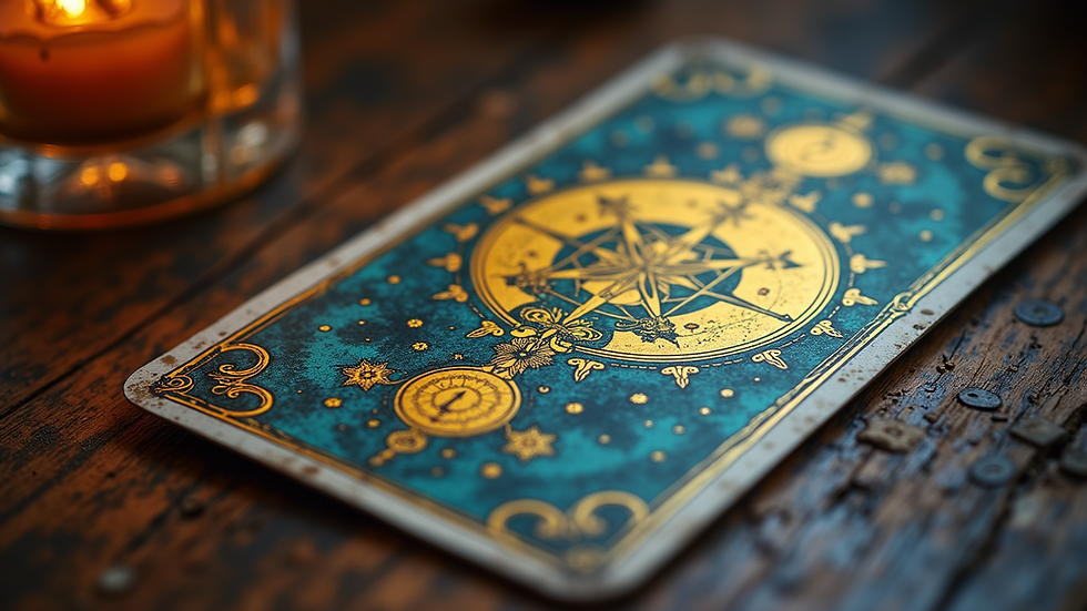 Eye-level view of a beautiful tarot card featuring astrological symbols