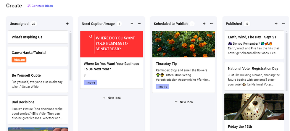 a screenshot of the create tab in Buffer, showing 4 columns organizing post ideas for social media