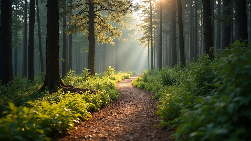 Wide angle view of a serene hiking trail surrounded by trees