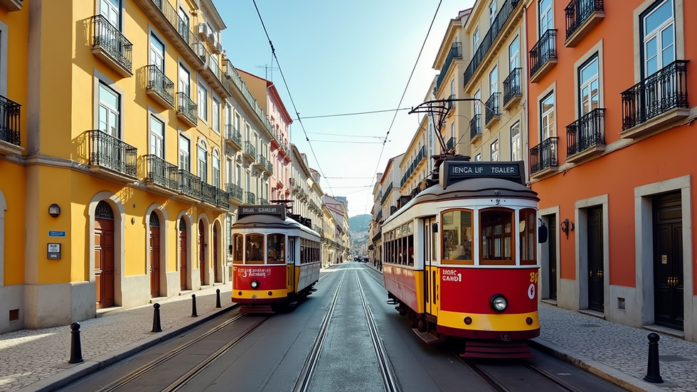 Wide angle view of Lisbon's colorful buildings and iconic tram cars