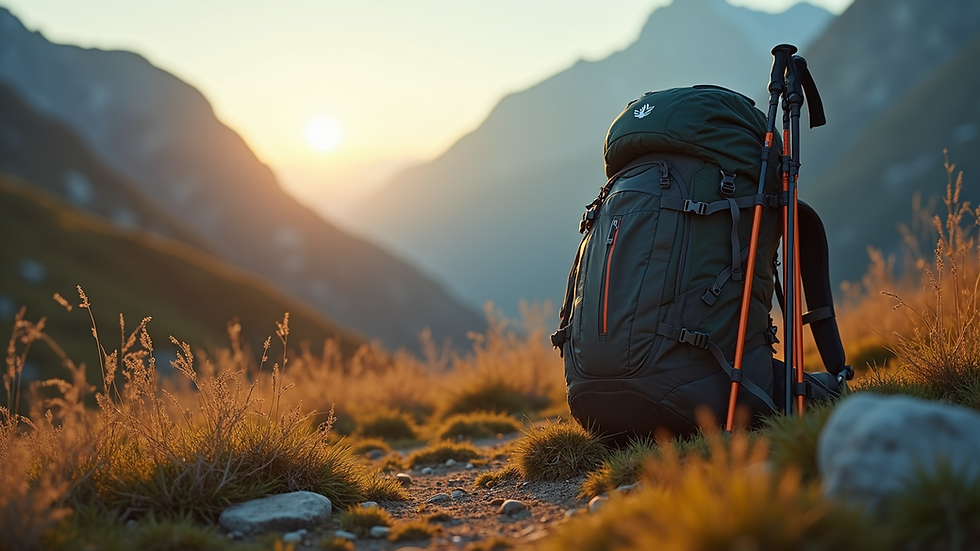 High angle view of a well-organized hiking backpack with trekking poles