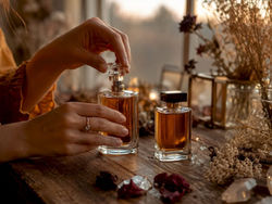 Hand holding EDP perfume bottle on vanity