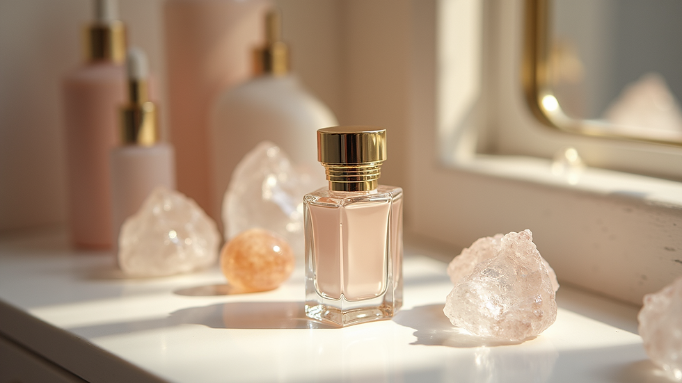 Eye-level view of a minimalist vanity with a bespoke perfume bottle and crystals
