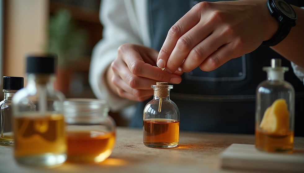 Fragrant Oils - A person carefully extracts a droplet from a small amber bottle in a workshop filled with various aromatic oils and botanical ingredients