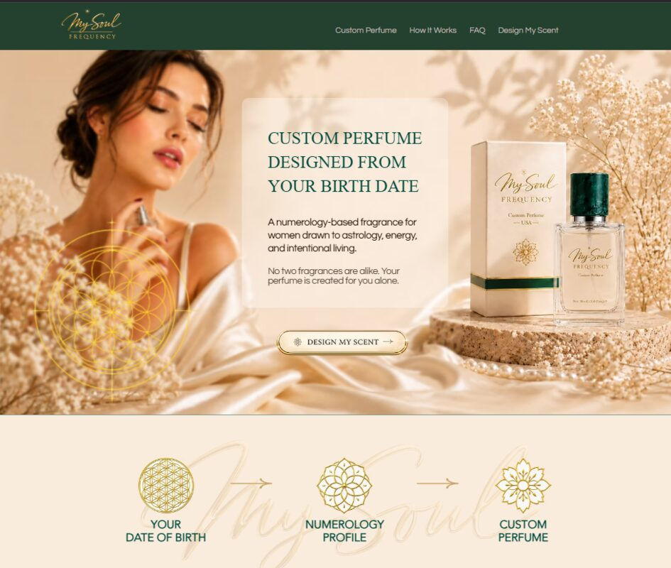 Luxury perfume website hero with woman, perfume bottle and box, gold floral decor, and text about custom scent design