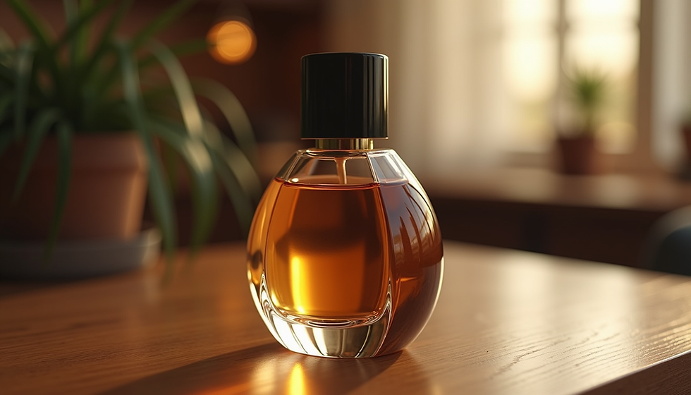 Amber perfume bottle with black cap on a wooden table in warm sunlight, with blurred plants and window behind.