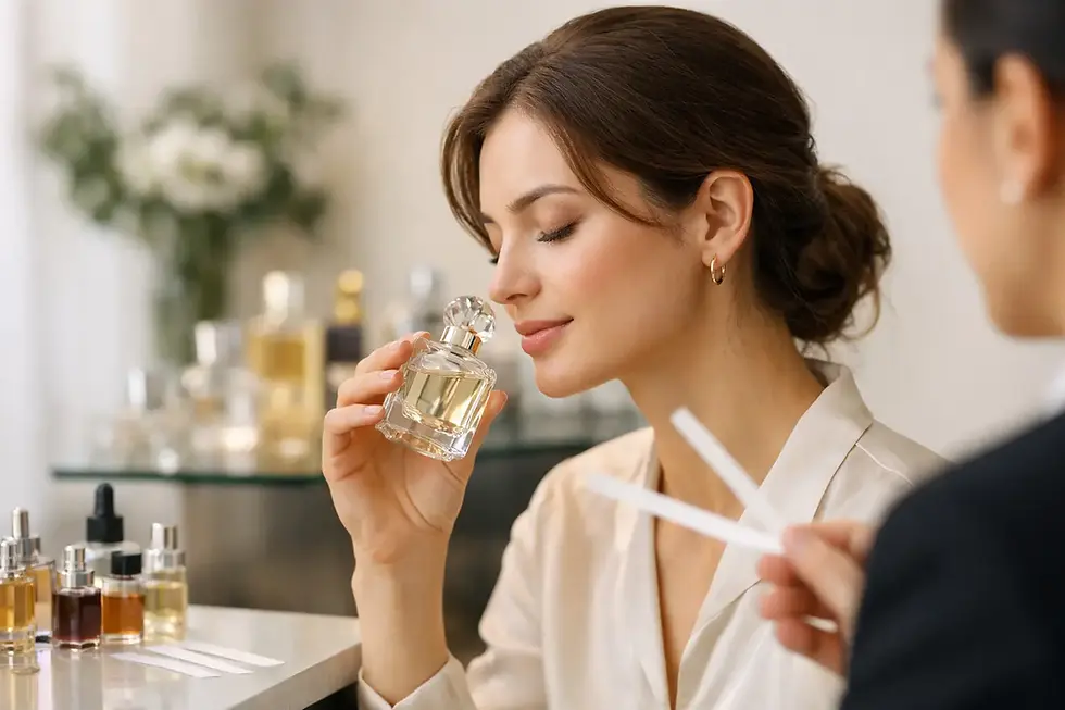 Woman in a perfume shop smells a fragrance bottle while a consultant holds scent strips nearby, with bottles on display.