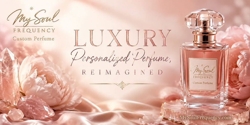 Discover the essence of elegance with My Soul Frequency's luxurious and personalized custom perfume, beautifully presented alongside delicate florals and rose quartz
