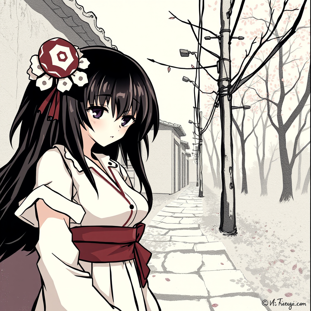 Anime girl in white dress walking on path with bare trees
