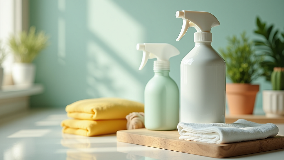 Close-up of eco-friendly cleaning products arranged neatly