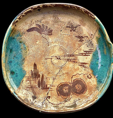 Edo Period (1603-1868) Large Oribe flat Bowl with wooden box attested and signed with two