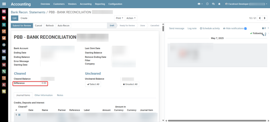 Bank Reconciliation Statement with 0 Difference