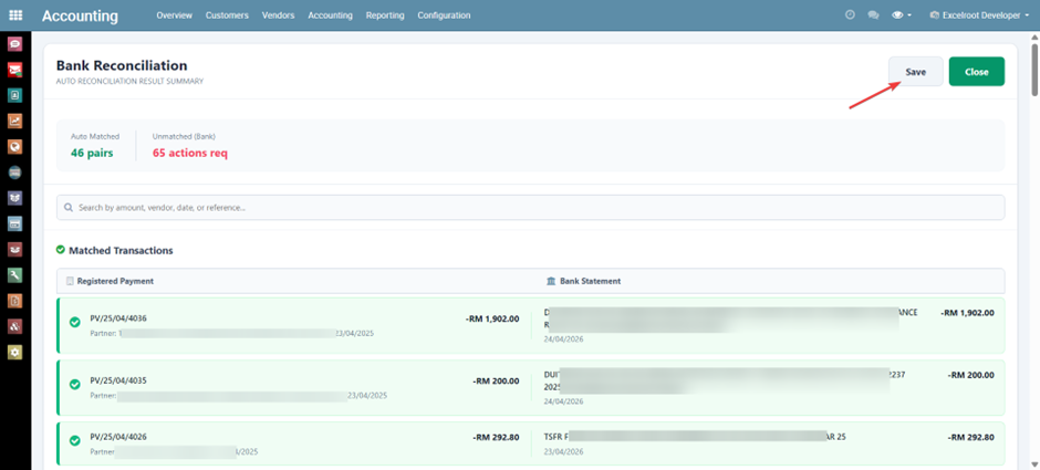 Save Button in Bank Recon Matching View