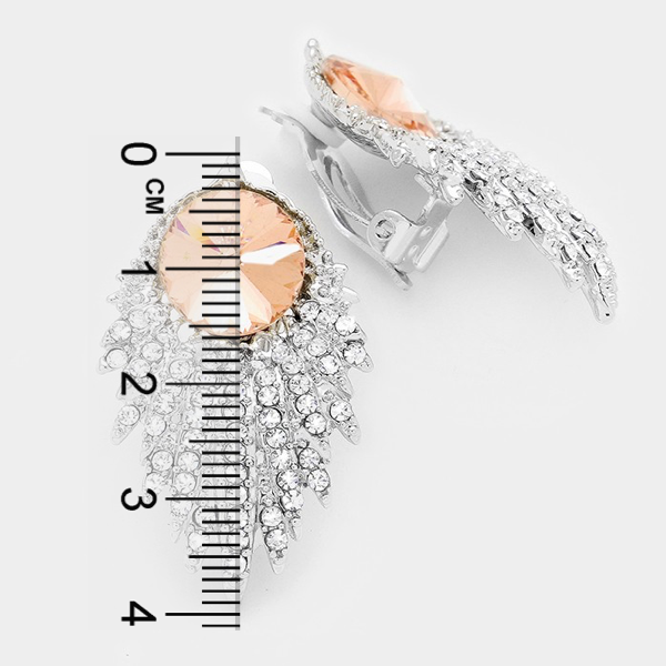 Clip-on Art Deco Crystal Spray Earrings with Peach Stone