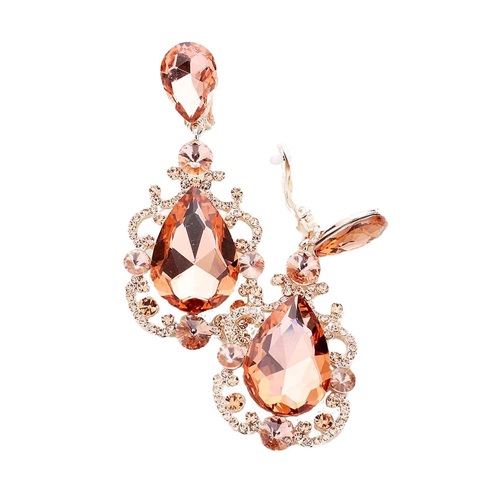 Scroll Framed Peach Rose Gold Drop Clip Earrings