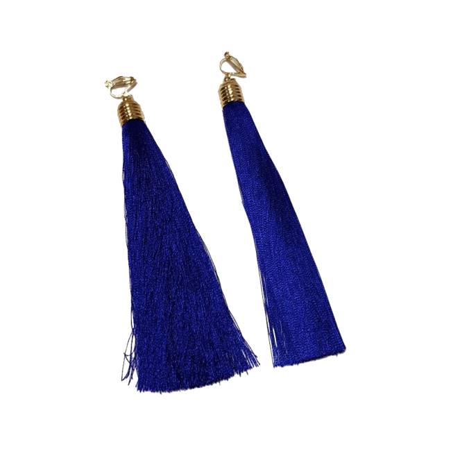 Long Blue Tassel Clip-On Earrings