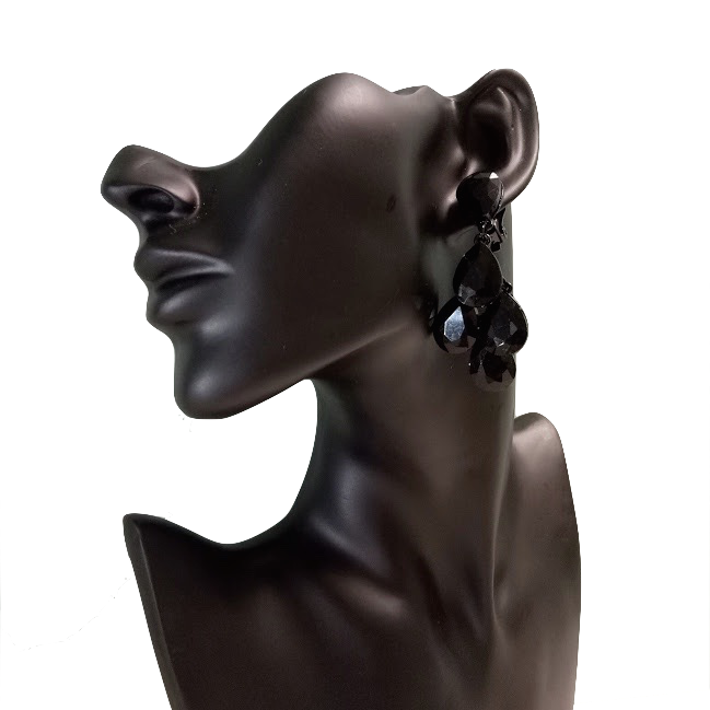 Large jet black clip on crystal earrings