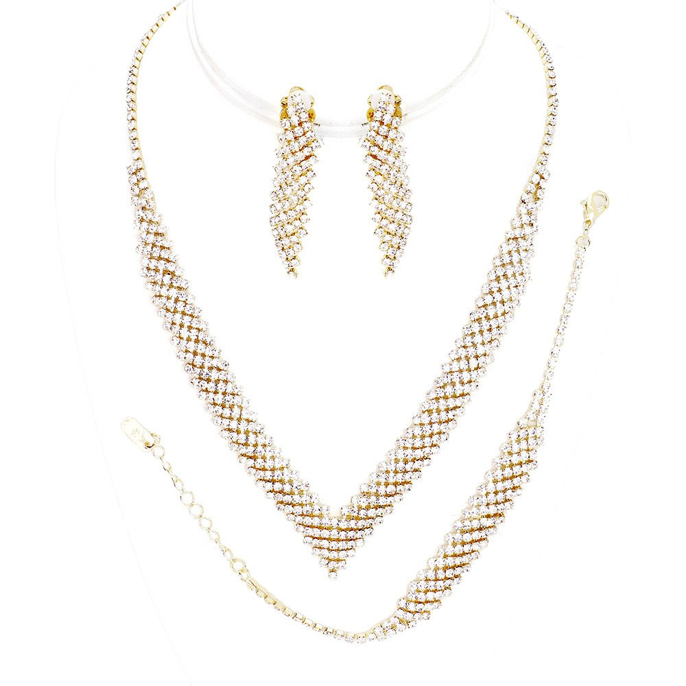 Gold Tone Crystal V-Shaped Necklace Set.