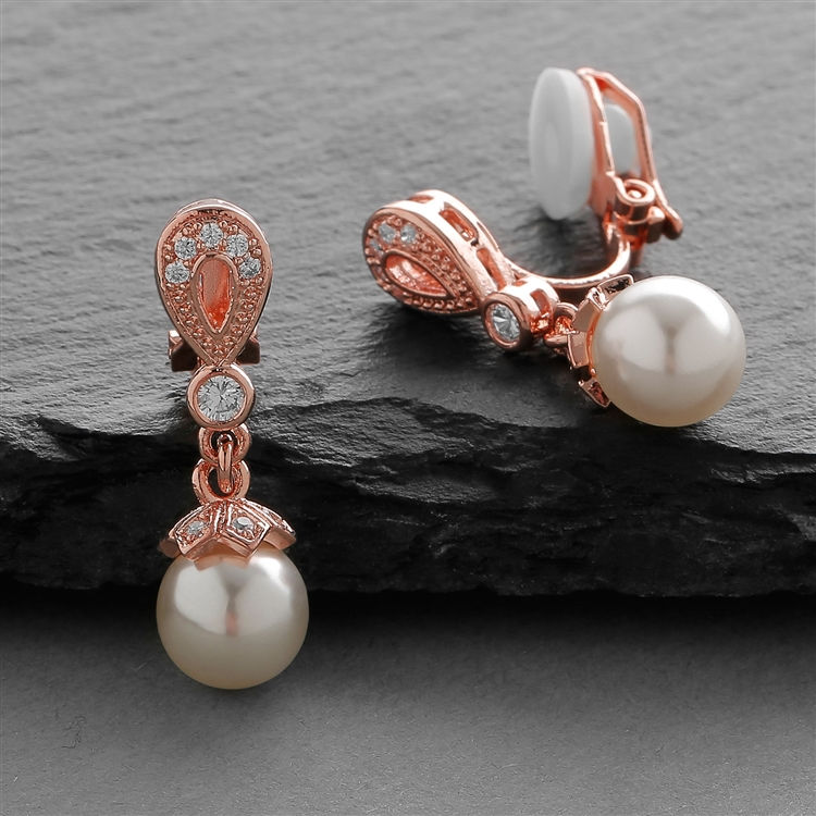 Thumbnail: Rose Gold Vintage CZ Pave Bridal Earrings with Pearl Drop