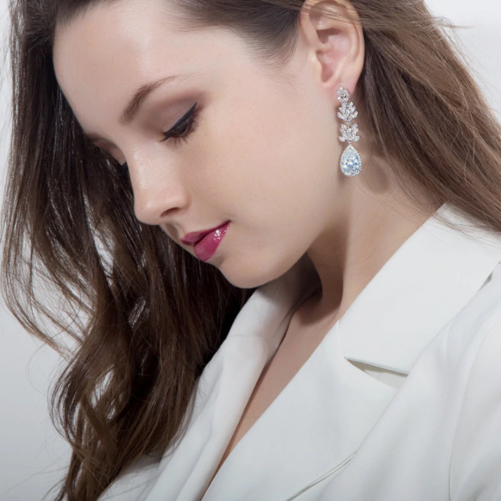 Delicate Crystal Petals CZ Drop Earrings on model