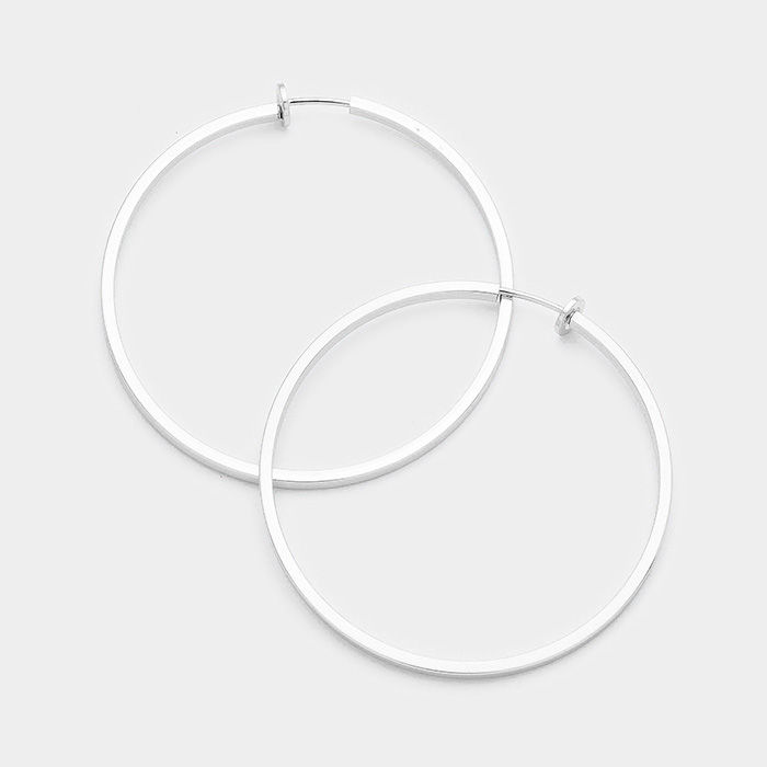 6cm square edged spring clip on hoops silver