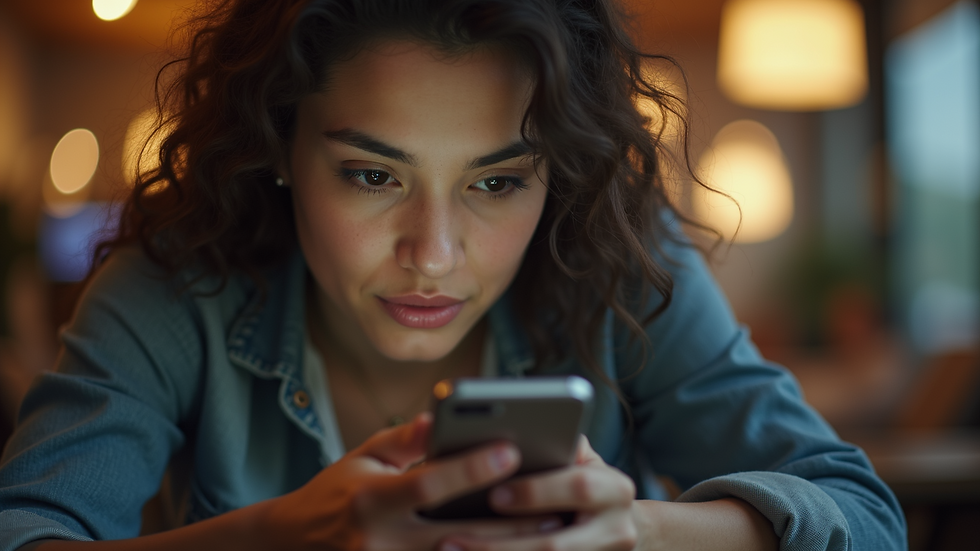 Close-up view of a woman thoughtfully looking at her phone, reflecting on online dating messages