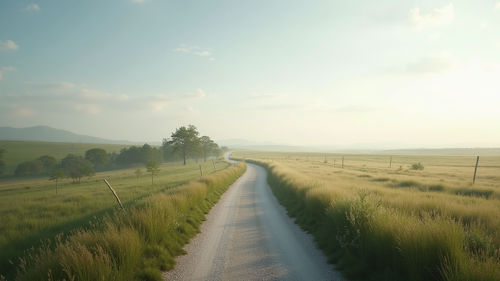 Wide angle view of a serene landscape with a winding path