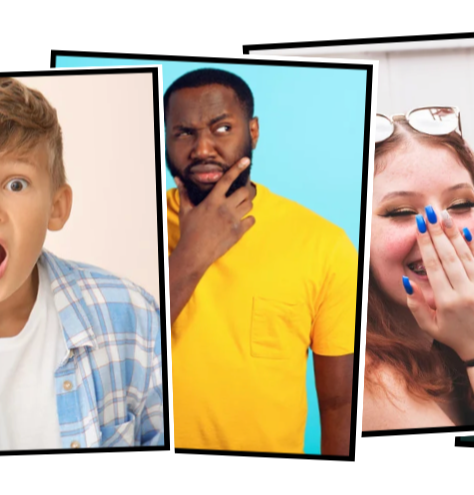 Collage of five people from diverse backgrounds with various facial expressions: worried, shocked, puzzled, embarrassed, and excited.