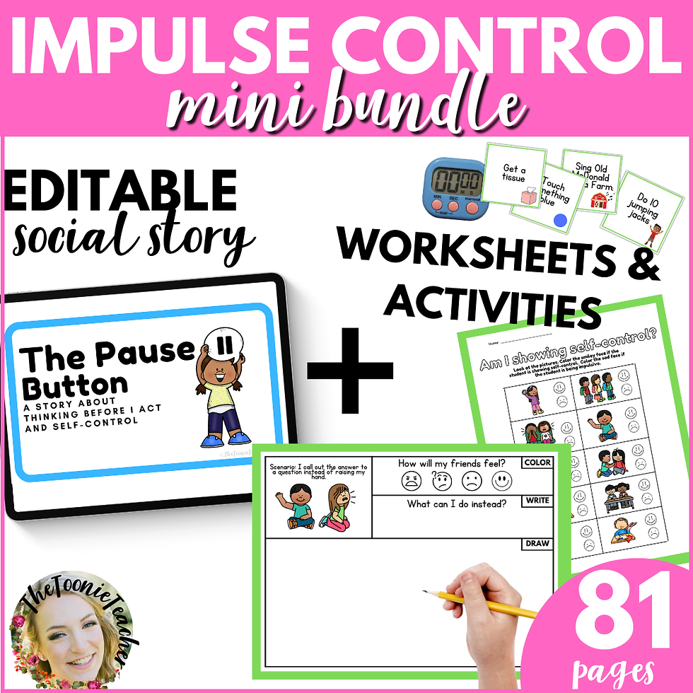 Impulse control mini bundle cover with editable social story, worksheets, and activities. Pink background, cartoon figures, and bold text.